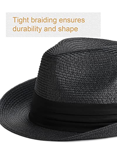 FURTALK Fedora Straw Sun Hat for Men Women UPF 80+ Foldable Roll Up Short Brim Panamanian Beach Hat